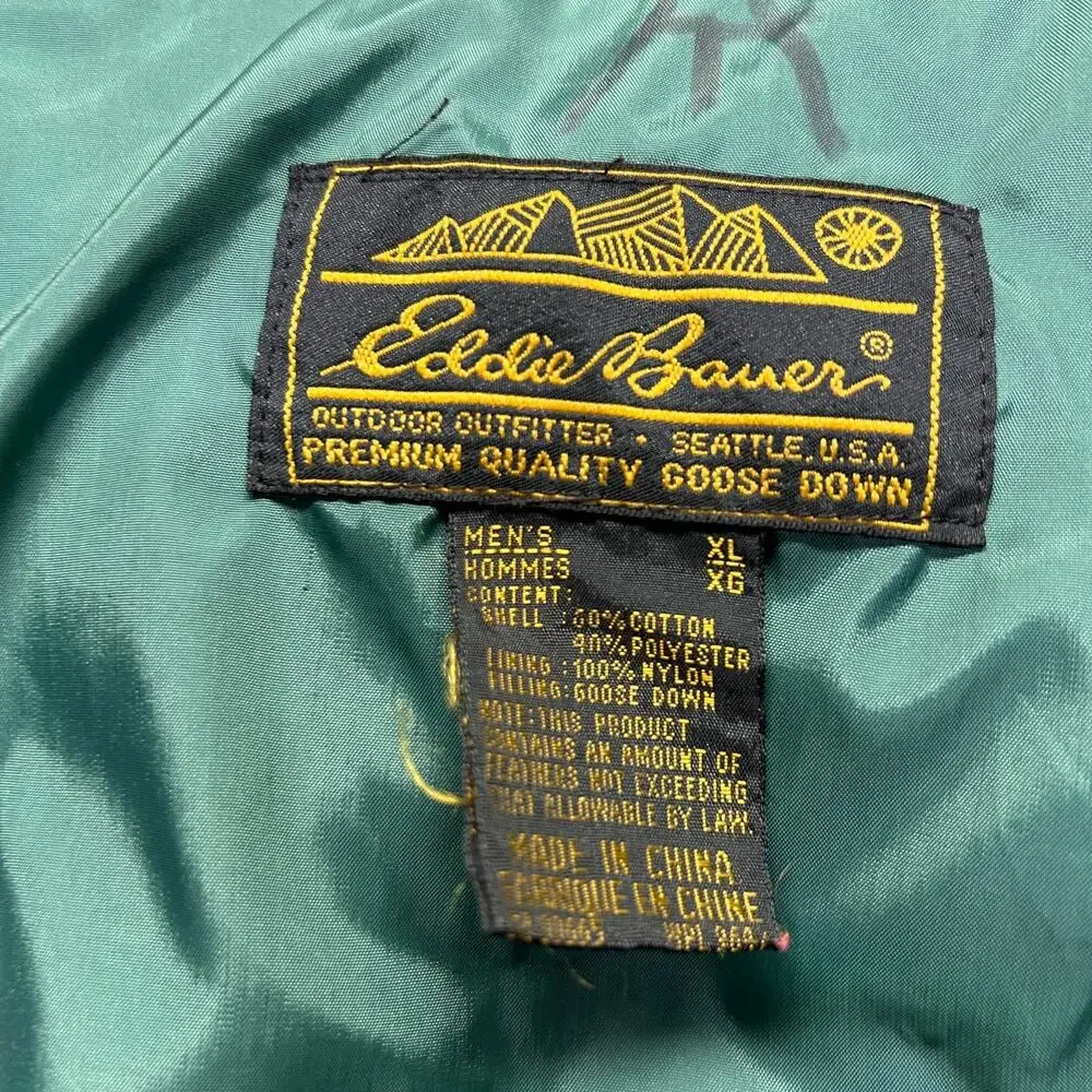 Eddie Bauer Vintage Mens XL Goose Down Puffer Vest Quilted Snap Green Gorpcore